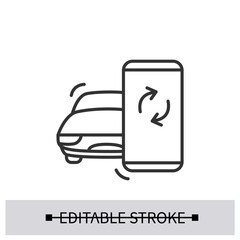 Car control icon. Electric vehicle with smartphone integration linear pictogram. Concept of remote drive and access control and mobile wireless data technology. Editable stroke vector illustration