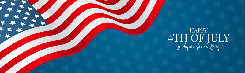 July 4th USA flag banner or header. United States of America Independence Day holiday design with lettering. Vector illustration.