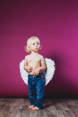 Toddler boy in jeans and angel wings