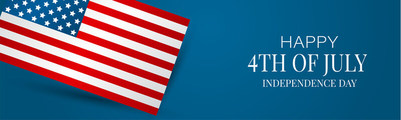 4th of July USA flag banner or header. United States of America Independence Day holiday design with lettering. Vector illustration.