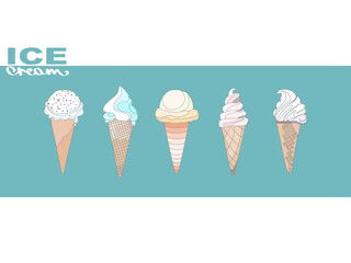 Set of ice cream cones. Vector illustration in simple flat style with a contour.