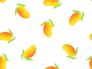Seamless pattern from hand drawn sketchy digital drawing of ripe red yellow mango on stem with...