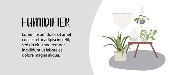 Home humidifier. Air freshener for home with houseplants. Air cleaner, purifier microclimate. Domestic appliance for humidity control. Perfect for landing page, banner.Flat cartoon vector illustration - 360021451