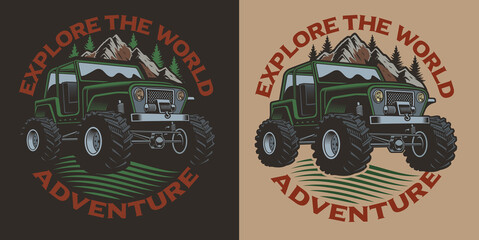 Colored vector illustration with an SUV. Perfect for shirt designs. © Natalia
