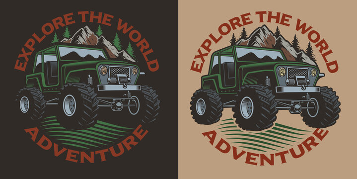 Colored vector illustration with an SUV. Perfect for shirt designs.