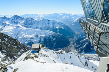 View of Aosta Valley, Italy, from Helbronner peak located at the end of the famous cable car called...