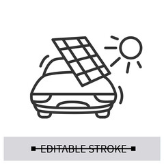 Car charging icon. Electric vehicle with solar panel and sun linear pictogram. Concept of renewable power sources usage and ecology safe ev battery cell energy. Editable stroke vector illustration