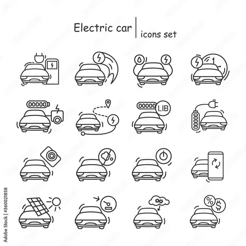 Poster electric car icons set.hybrid and alternative power source vehicle linear pictograms.concept of zero