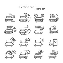 Electric car icons set.Hybrid and alternative power source vehicle linear pictograms.Concept of zero emission, ecology friendly, money saving ev transport ,modern driving technologies.Vector editable 