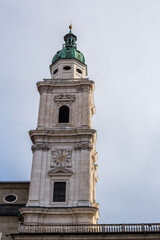 View of Salzburg Cathedral Bell Tower in Salzburg Old Town (Domplatz)