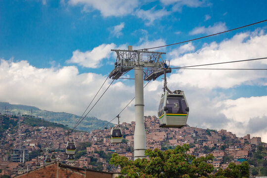 Medellin, Antioquia / Colombia Febreo 24, 2019. Metrocable Line J of the Medellin Metro or Metrocable Nuevo Occidente, is a cable car line used as a medium-capacity mass transport system