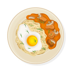 Thai Main Course with Noodles and Meat Gravy Top View Vector Illustration