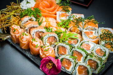 Sushi set (combo). Traditional Japanese cuisine, premium sushi decorated in elegant surroundings.