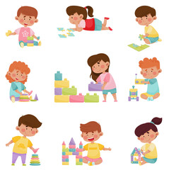 Fototapeta na wymiar Cute Children Playing With Different Toys And Games Vector Illustrations Set
