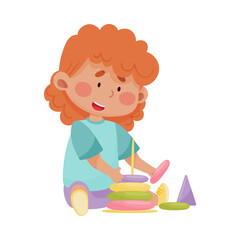 Little Girl Sitting and Playing with Construction Toy Vector Illustration