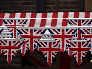 Union Jack patterned British style fabric celebration buntings.