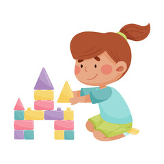 Cheerful Girl Sitting and Playing with Construction Toy Vector Illustration