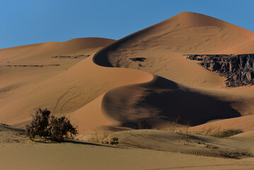 Fototapeta na wymiar ALGERIA, DJANET OASIS IN THE MIDDLE OF SAHARA DESERT. SAND DUNES