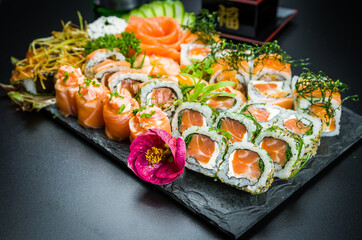 Sushi set (combo). Traditional Japanese cuisine, premium sushi decorated in elegant surroundings.