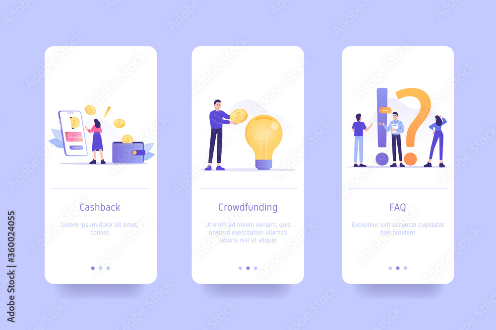 Poster mobile application design template set for cashback, crowdfunding and faq. ui onboarding screens des