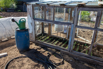 homemade greenhouse with seedlings around the means for irrigation
