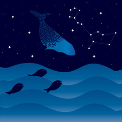 Night sea with waves and fish, starry sky and whale. Whale constellation.