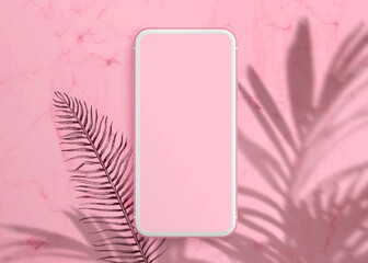 Realistic modern smartphone on pastel pink background. Mock up for game design, mobile application, wallpapers, websites. Plant shadows.