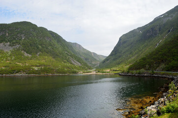 Naklejka na ściany i meble fjord and summer mountain landscape on the island of Senja, northern Norway