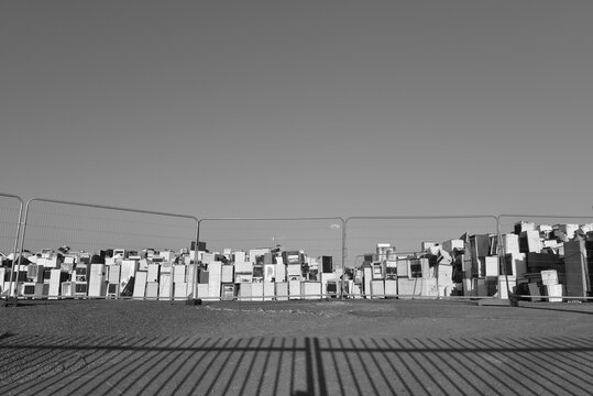 Refrigerator recycle, Jersey, U.K. B&W image of a modern waste product separated from normal white goods because of harmful gases.