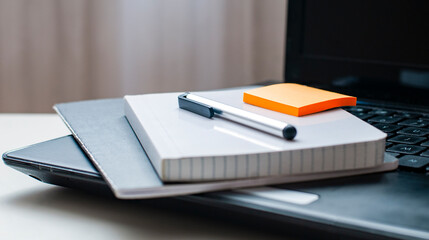 notebooks, sticks and a pen on the black laptop