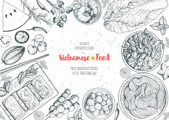 Vietnamese food top view frame. A set of vietnamese dishes. Food menu design template. Hand drawn sketch vector illustration. Engraved style.