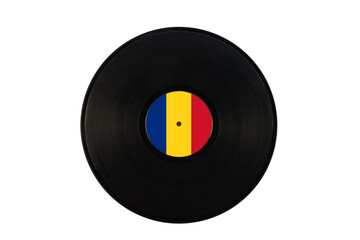 Gramophone record with the flag of Romania. Romanian music. Vinyl record with the flag of Romania, on a white background, isolated