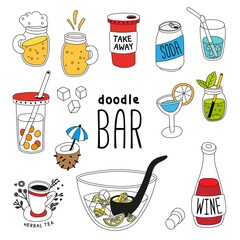 Cocktail bar. Set of bottles, glasses with drinks. Beer in a mug, coffee, tea, dough, soda in a can, punch in a bowl.