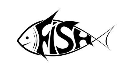 The logo or emblem of the word fish in the shape of fish. Black on white. It is floating to the left.