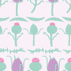 Thistle and teasel vector repeat pattern. Spiky plants seamless illustration background.