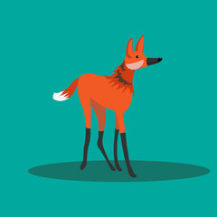 Maned wolf standing on a green background. Animals of south america.