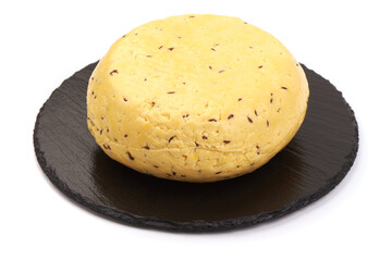 Cheese with caraway seeds, isolated on white background