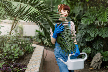Young pretty woman gardener, wearing jens overalls and blue rubber gloves, posing with water can, holding big palm leaf, standing in a nursery greenhouse and looking at the camera - obrazy, fototapety, plakaty