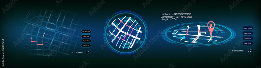 Aufkleber GPS tracking map UI, UX, GUI. Сity ​​map navigation with a round futuristic frame HUD. Design for gaming with locate position pin in perspective and frontal position. Vector GPS Location Navigator