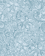 Seamlessly repeating floral pattern with blue outline on light blue background