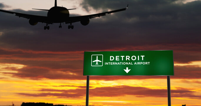 Plane landing in Detroit, Metro, DTW, Michigan with signboard