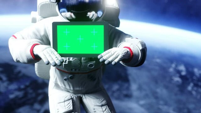 Astronaut in space with tablet, monitor. Realistic 4k animation.