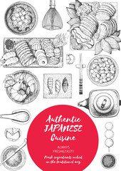 Obraz premium Japanese food menu restaurant. Asian food poster with sashimi, miso soup, oden, natto, matcha tea, and sushi. Top view frame vector illustration.