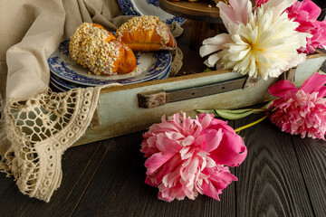 breakfast pastries served with flowers, retro style