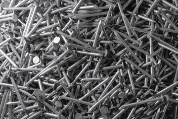 Metal Nails. Texture. Many new long iron nails. Background for wallpaper.