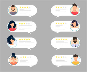 Feedback chat speech bubble with male and female avatar set. Rate the quality system of a five-star rating with a good and bad rating. Assessment concept and rating. Vector illustration. - obrazy, fototapety, plakaty
