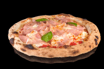 A delicious pizza with tomato sauce, mozzarella, prosciutto and fresh basil with reflection,...