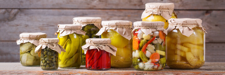 Homemade preserved and fermented food, pickled and marinated vegetables