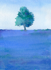 Green tree in field.Watercolor hand drawn illustration. - 360035262