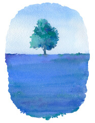 Green tree in field.Watercolor hand drawn illustration. - 360035280